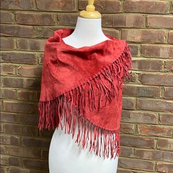 Central Falls Red Suede Fringed Cape Shawl - Picture 2 of 14
